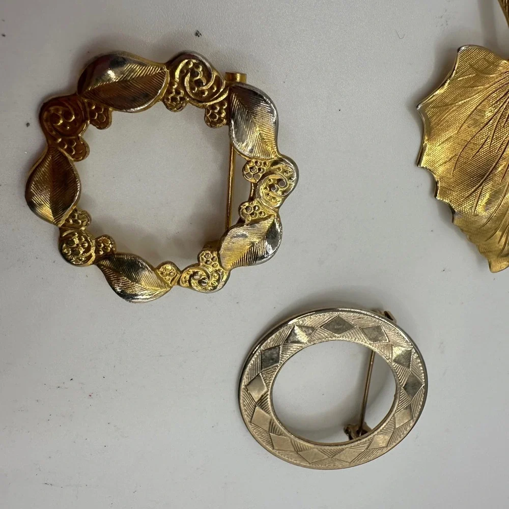 VTG MCM Brooch Lot 3 Gold Tone Leaf Geometric Circle Floral Wreath Pins Coquette